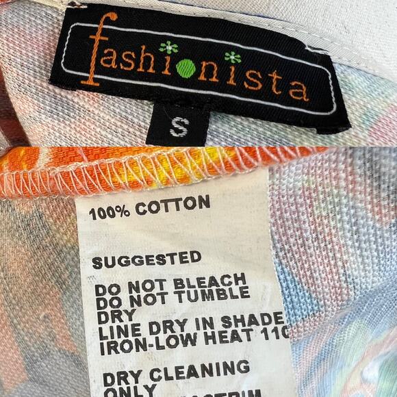 Cotton A-Line Sleeveless Dress Drop Waist Orange Blue Watercolor Size Small - Picture 7 of 7